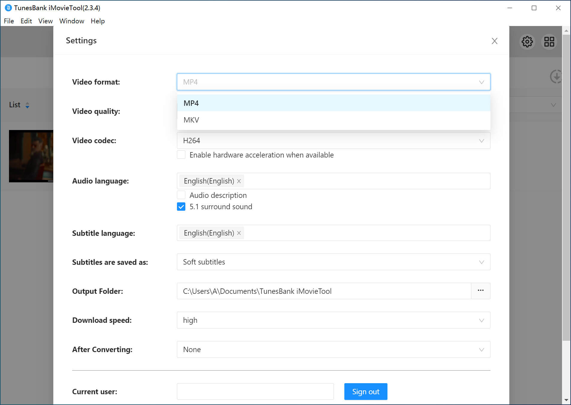 output settings