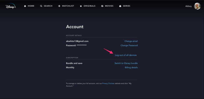 log out of all devices of disney plus