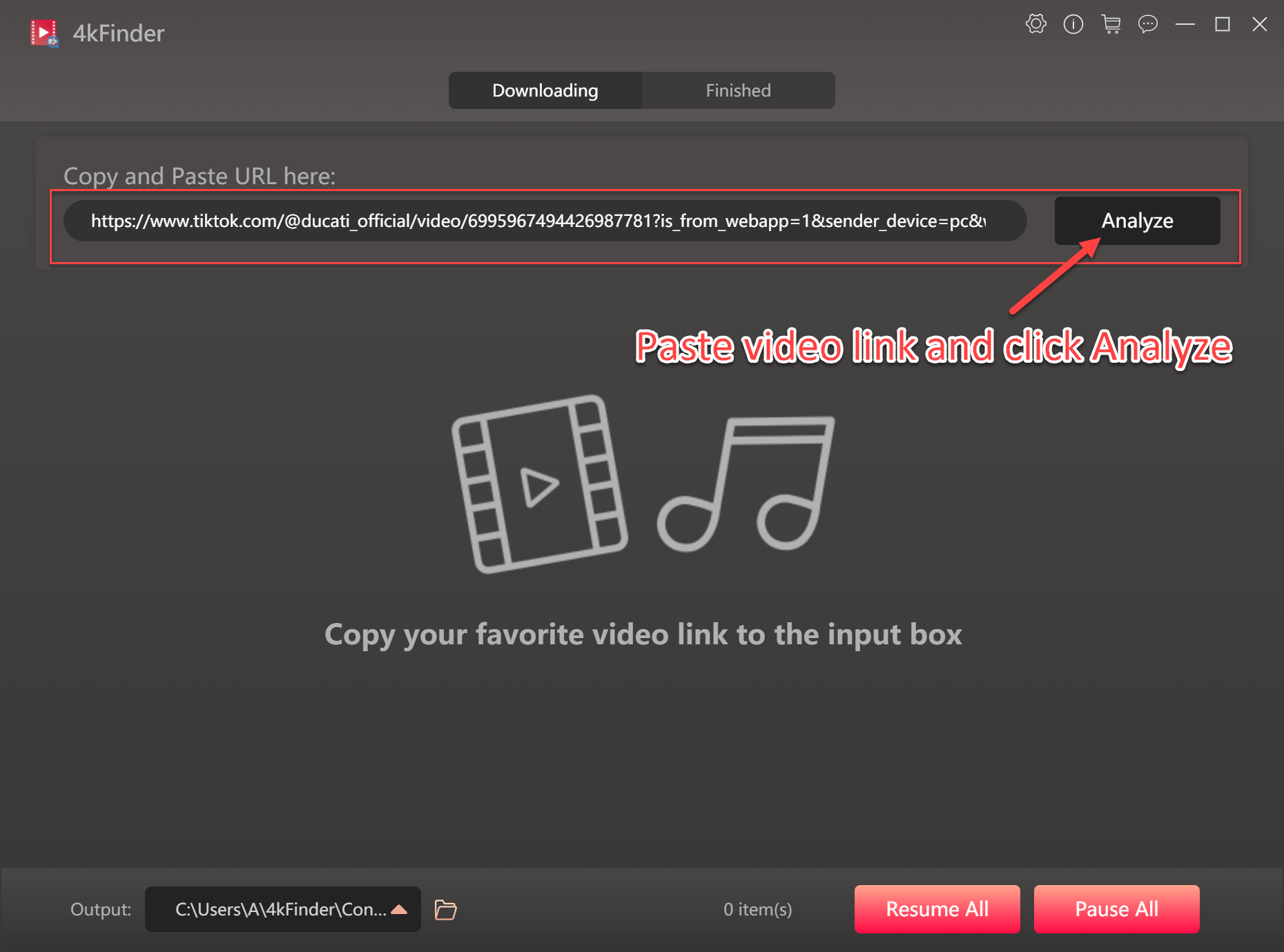 paste tiktok video link to 4kFinder